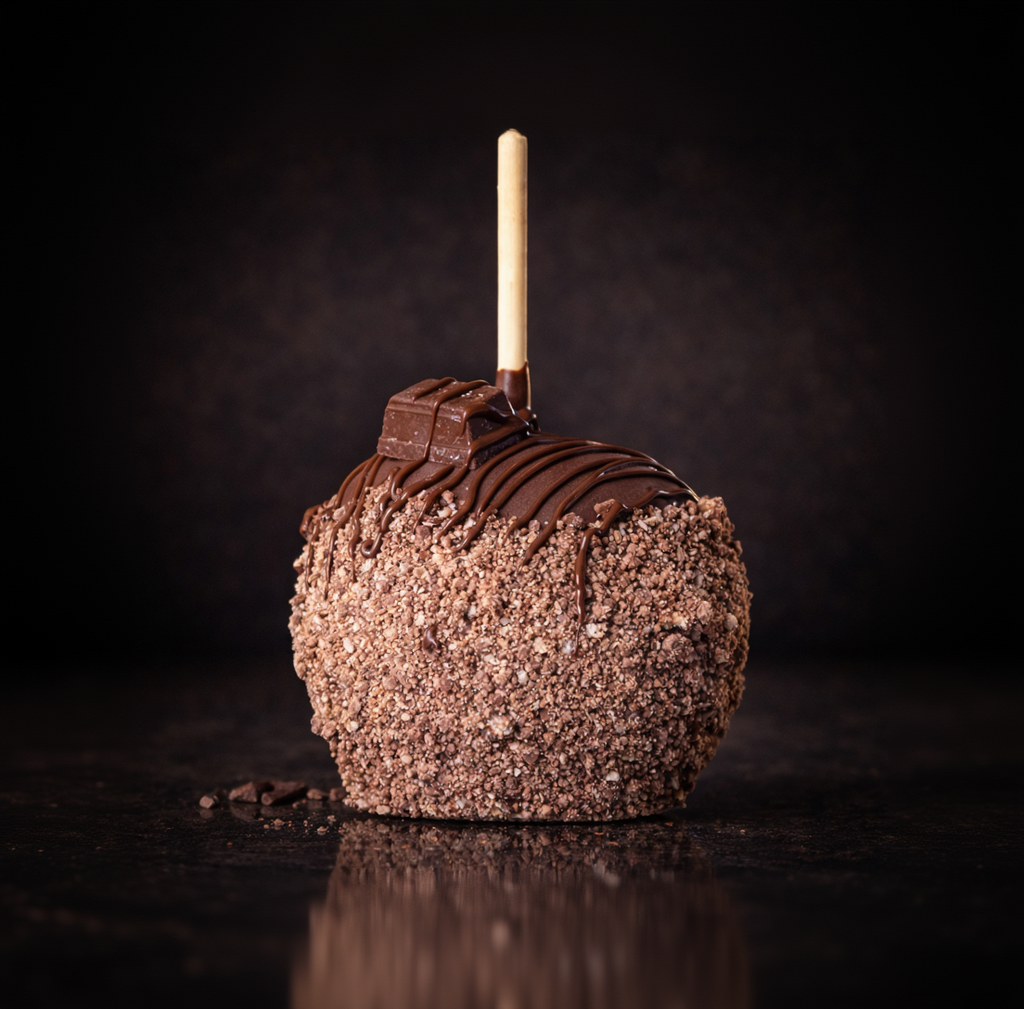  Chocolate-covered Granny Smith caramel apple with crunchy wafer candy topping
