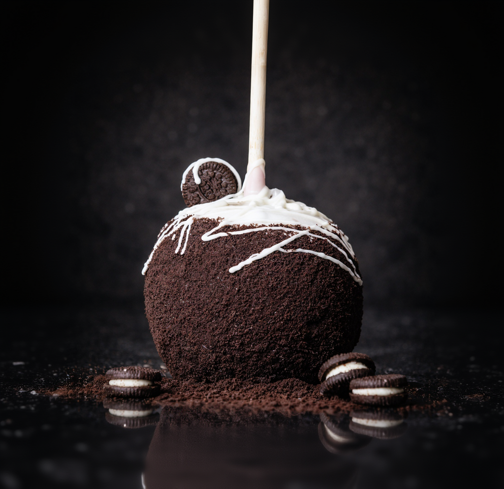Cookies and cream caramel apple with white chocolate drizzle and Oreo cookie topping