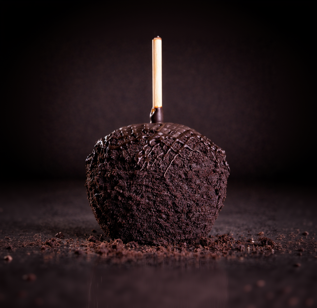 Dark Chocolate Decadence gourmet caramel apple with chocolate drizzle on a black background