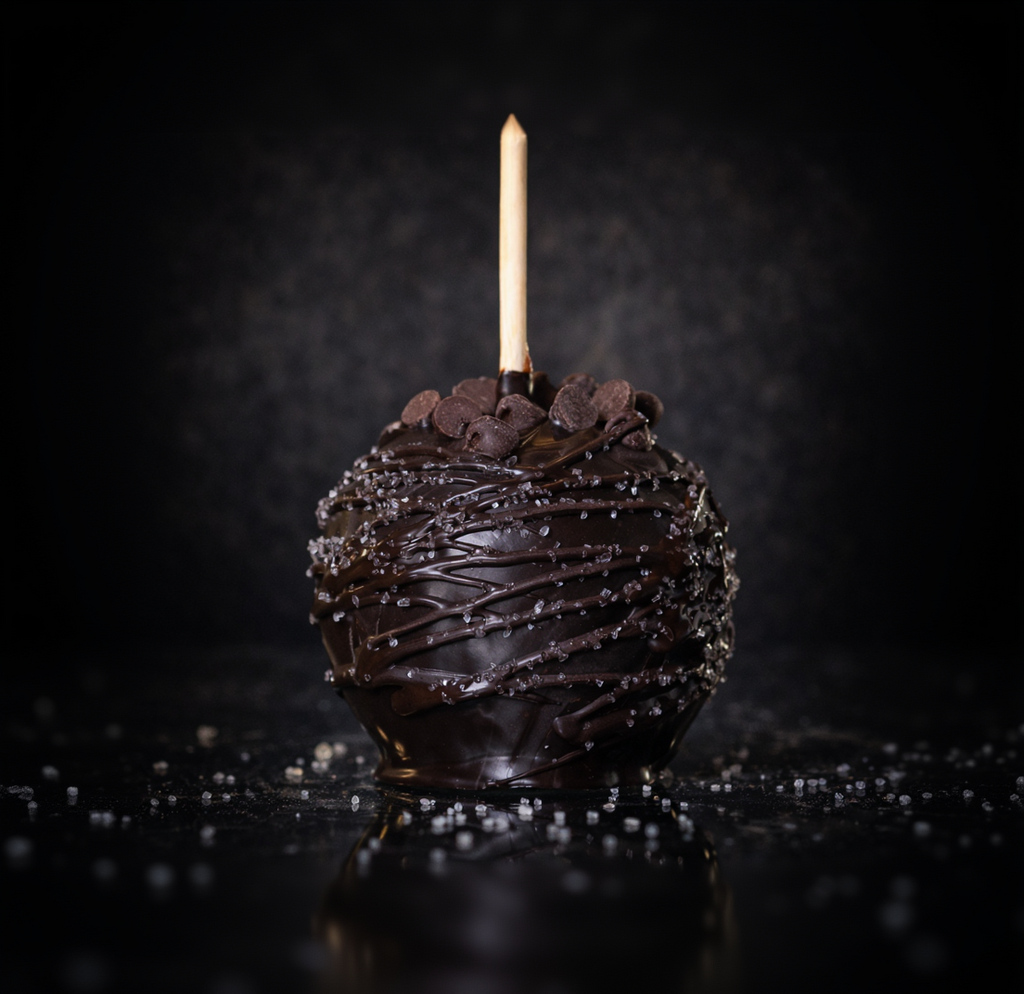 Dark chocolate sea salt gourmet caramel apple with chocolate drizzle on a black background