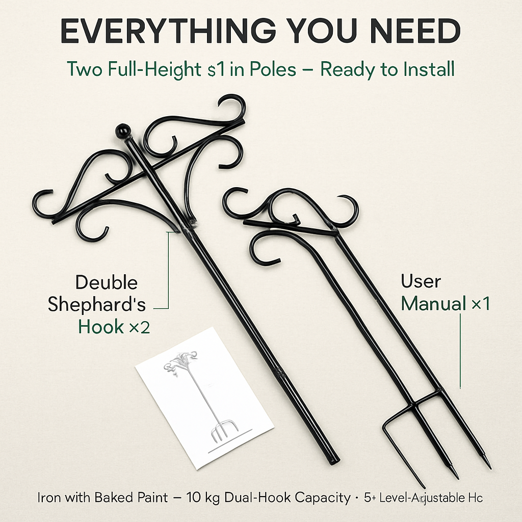 2 Packs 91in Heavy Duty Double Shepherds Hook Bird Feeder Pole Garden Hanging Holder with 5 Adjustable Height 5 Prong Base for Bird Feeder Garden Plan